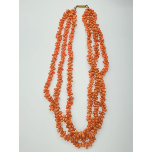 243 - 3 ROW CORAL NECKLACE CHOKER STYLE, WEIGHT 71.6G AND 45CM LONG APPROX