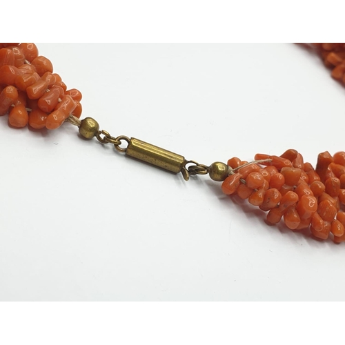 243 - 3 ROW CORAL NECKLACE CHOKER STYLE, WEIGHT 71.6G AND 45CM LONG APPROX