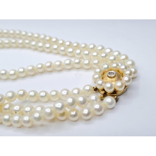 290 - 3 rows of cultured pearls choker necklace set in 9ct gold clasp, weight 45g and 33cm long approx