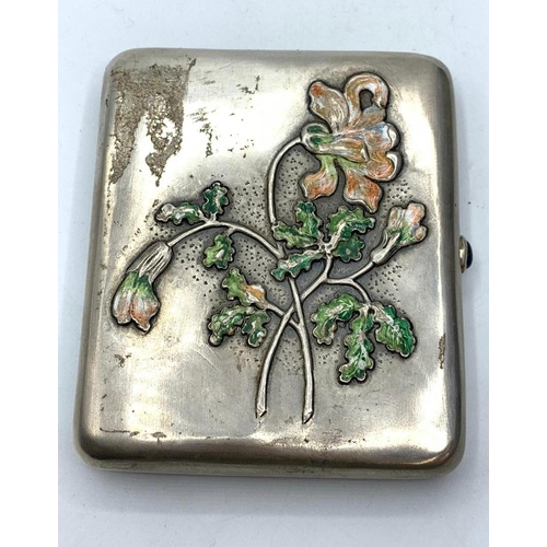 594 - RUSSIAN SILVER CIGARETTE CASE WITH ENAMEL FLORAL MOTIF FROM LATE 19TH CENTURY WITH SAPPHIRE OPENING ... 