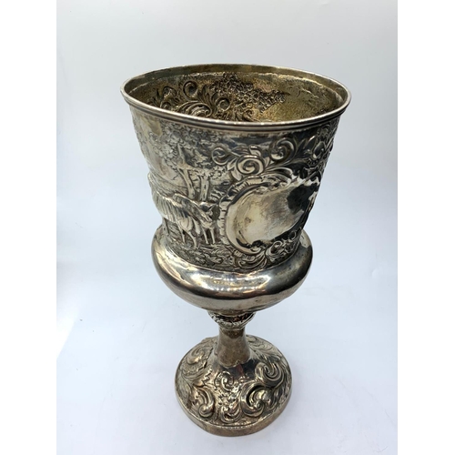 596 - H/M SILVER CHALICE MADE IN 1831 BY JOHN EDWARDS PERRY WITH HAND EMBOSSED BOVINE FARM SCENES, WEIGHT ... 