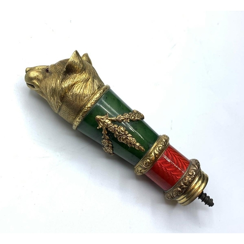 600 - RUSSIAN LATE 19TH CENTURY SILVER BEAR'S HEAD CANE HANDLE WITH JADE (NEPHRITE) AND RUBY DECORATED WIT... 