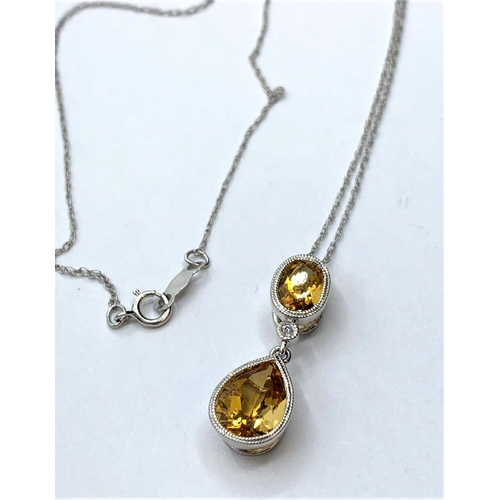 614 - 14CT WHITE GOLD DIAMOND & CITRINE DROP PENDANT