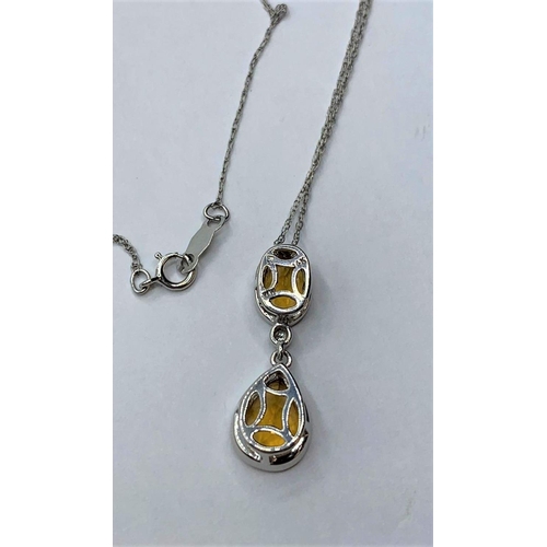 614 - 14CT WHITE GOLD DIAMOND & CITRINE DROP PENDANT