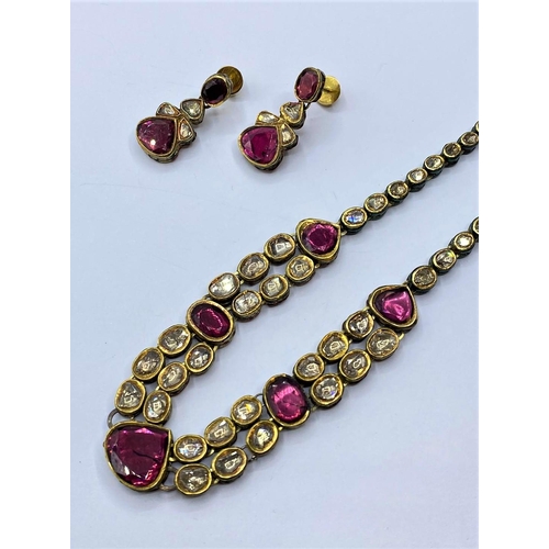 638 - 18k Indian set of Ruby and Rose Diamonds NECKLACE (40cm) and EARRINGS.   68g.