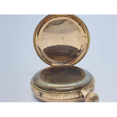 664 - 14ct ladies pocket watch, jump ring missing. Ornate face and casing circa. 1920s, weight 27g full wo... 