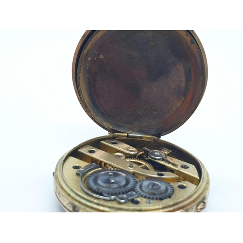 664 - 14ct ladies pocket watch, jump ring missing. Ornate face and casing circa. 1920s, weight 27g full wo... 