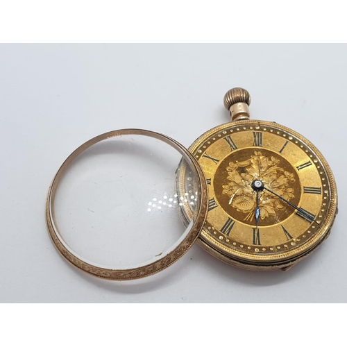 664 - 14ct ladies pocket watch, jump ring missing. Ornate face and casing circa. 1920s, weight 27g full wo... 