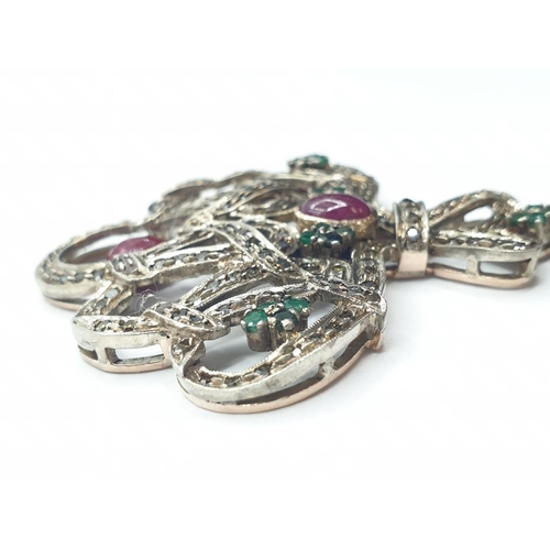 668 - Ruby, diamond and emerald on silver PENDANT. 19.7g   5.4cm  6cm drop.