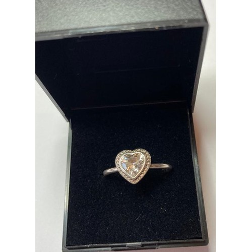 599 - Pandora silver ring having large heart shaped Zirconia solitaire to top with Zirconia surround, clea... 