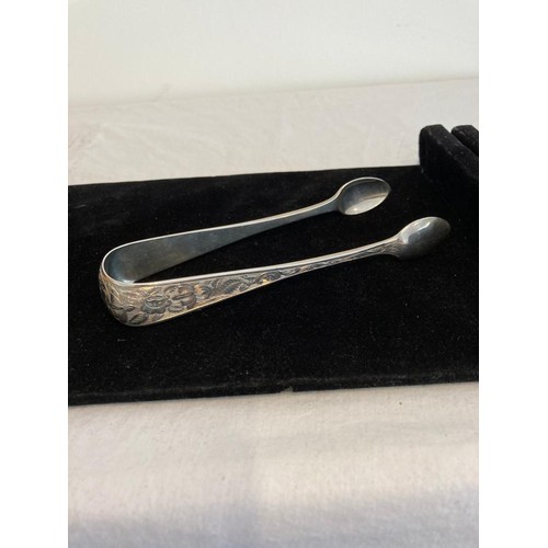 305 - Pair of handsome large engraved Scottish silver sugar tongs, clear hallmark for John Muir Glasgow 18... 