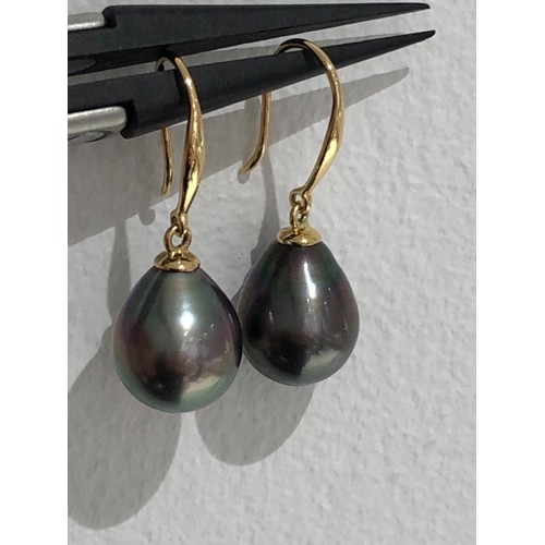 655 - Tahitian pearl drop earrings in 18k gold; each pearl around 11.5x9.5mm