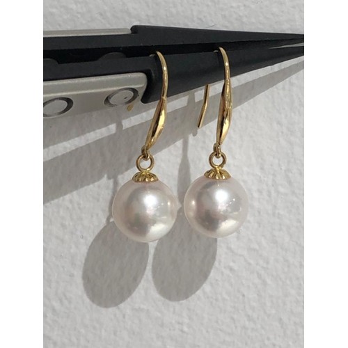 660 - Akoya pearl drop earrings in 18k gold; each pearl around 7.9mm