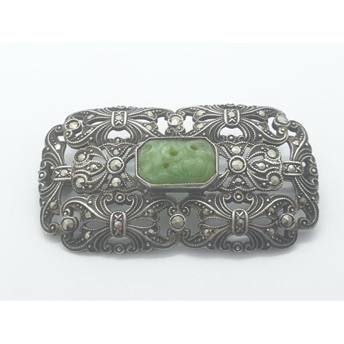 280 - Vintage marcasite jade brooch, weight 8.8g and 4.5 x 2.5cm size approx