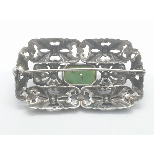 280 - Vintage marcasite jade brooch, weight 8.8g and 4.5 x 2.5cm size approx