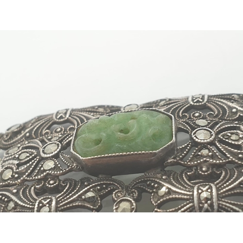 280 - Vintage marcasite jade brooch, weight 8.8g and 4.5 x 2.5cm size approx