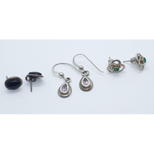 324 - 3X pairs of silver earrings various stones, weight 4.78g