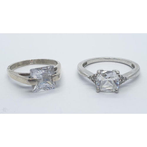 380 - 2x silver rings with squared cut stone solitaire, weight 6.22g and size L and Q