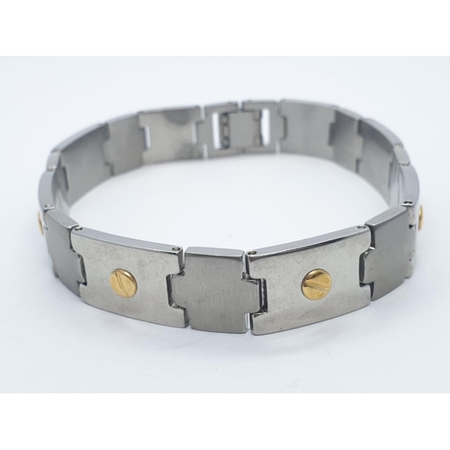 390 - Gent bracelet set in stainless steel and 18ct gold studs, 21.5cm long approx