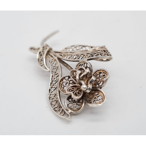 479 - Silver Filigree Brooch in the shape of a flower plus a silver & turquoise Ring