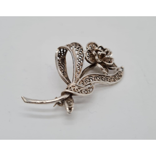 479 - Silver Filigree Brooch in the shape of a flower plus a silver & turquoise Ring