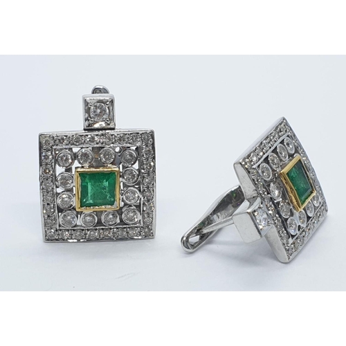 81 - 18k white gold emerald and diamond earrings squared shape, weight 7.24g and 12mm x 12mm size