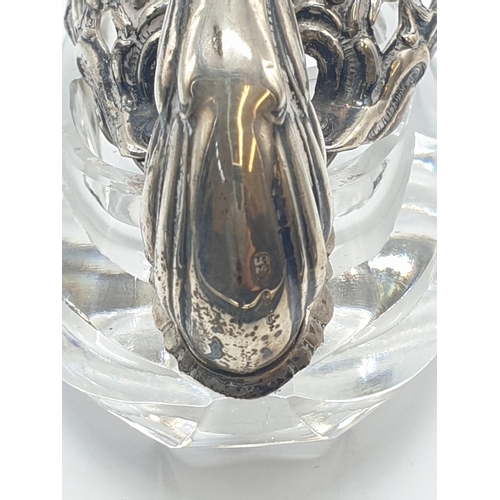 180 - Silver and glass salt in the form of a swan with large pierced filigree wings, continental silver ma... 