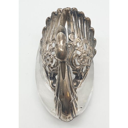 180 - Silver and glass salt in the form of a swan with large pierced filigree wings, continental silver ma... 