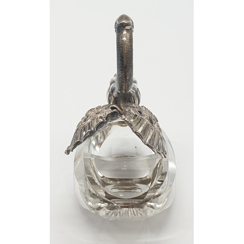 180 - Silver and glass salt in the form of a swan with large pierced filigree wings, continental silver ma... 