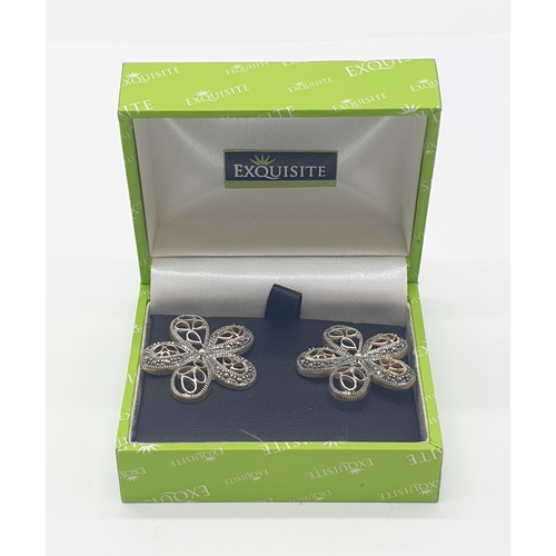 335 - Pair of silver filigree and marcasite earrings in star and floral form, beautifully crafted, 25 x 25... 