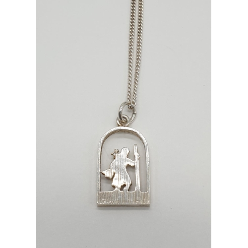 472 - Silver modernist ST Christopher pendant in cut out form, mounted on a silver chain 925 silver chain ... 