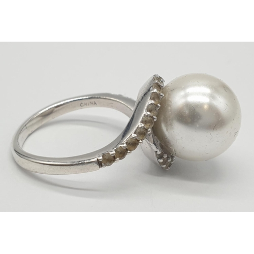 474 - Silver ring with oversized 'pearl' to top and zirconia feature to shoulders, 925 silver original jew... 