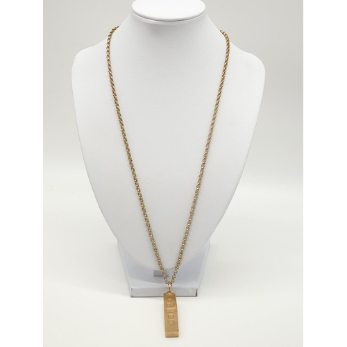 502 - 9ct gold ingot (5cm long) from 1977 Jubilee year on a 60cm long 9ct gold belcher chain, weight 43.9g... 