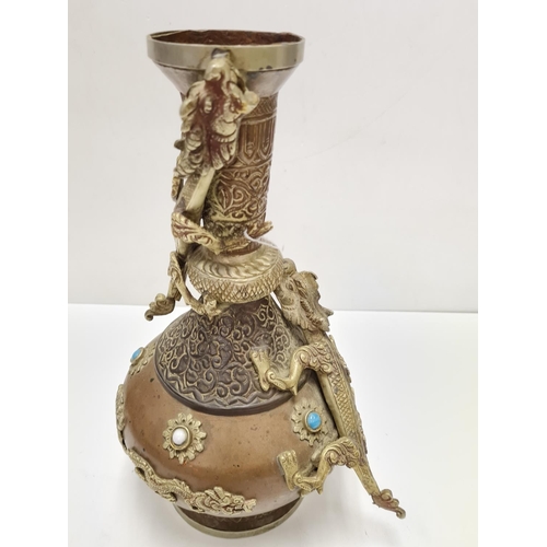 349 - Classic shaped Chinese Metal Vase decorated with dragons and coloured stones 1.2kg 33cms tall