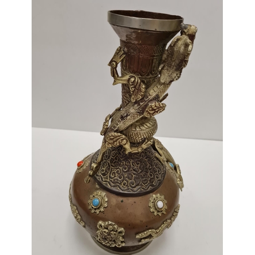 349 - Classic shaped Chinese Metal Vase decorated with dragons and coloured stones 1.2kg 33cms tall