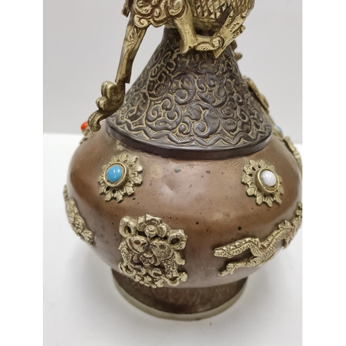 349 - Classic shaped Chinese Metal Vase decorated with dragons and coloured stones 1.2kg 33cms tall