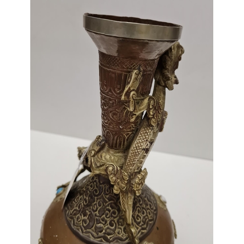 349 - Classic shaped Chinese Metal Vase decorated with dragons and coloured stones 1.2kg 33cms tall