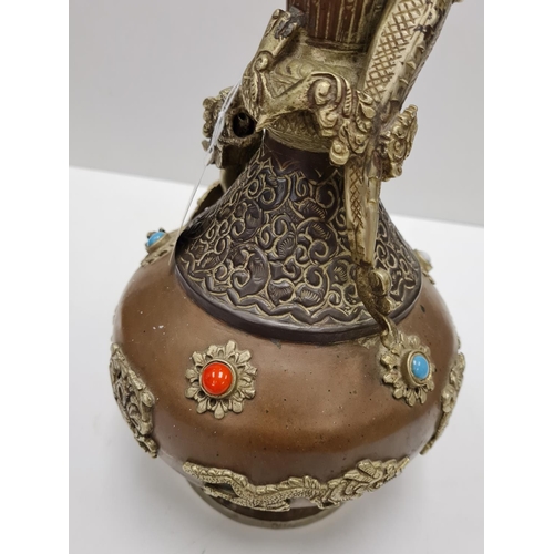 349 - Classic shaped Chinese Metal Vase decorated with dragons and coloured stones 1.2kg 33cms tall