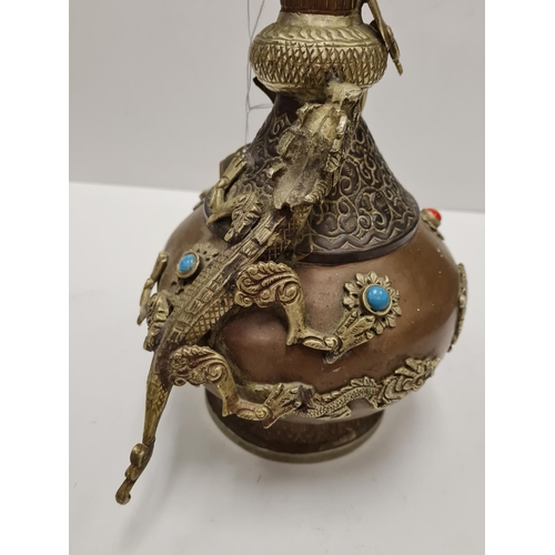 349 - Classic shaped Chinese Metal Vase decorated with dragons and coloured stones 1.2kg 33cms tall