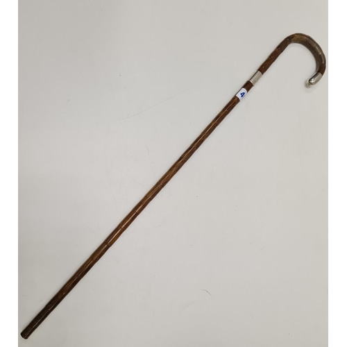 492 - Antique Bamboo Walking Stick with silver trim 33cm length, slight split on the handle.