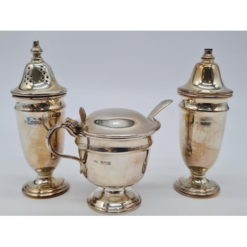 566 - Mid 60s cruet SILVER set 120gram 10cm mustard pot comes with blue liner and small spoon.