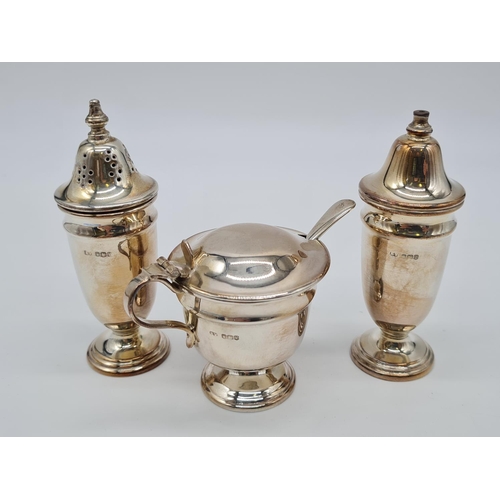 566 - Mid 60s cruet SILVER set 120gram 10cm mustard pot comes with blue liner and small spoon.