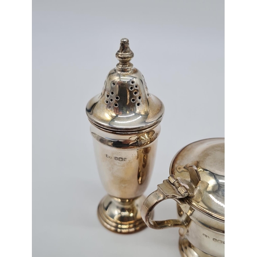 566 - Mid 60s cruet SILVER set 120gram 10cm mustard pot comes with blue liner and small spoon.