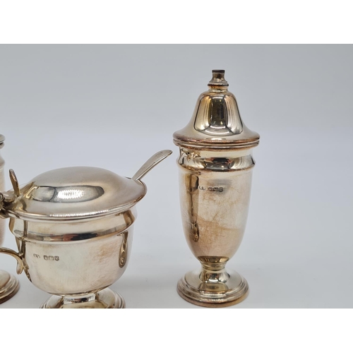 566 - Mid 60s cruet SILVER set 120gram 10cm mustard pot comes with blue liner and small spoon.