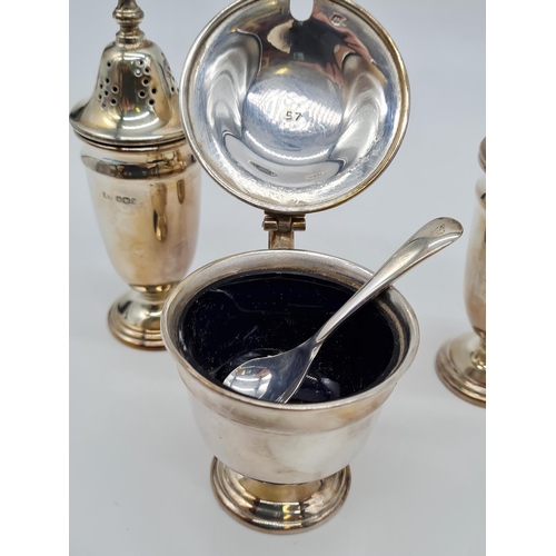 566 - Mid 60s cruet SILVER set 120gram 10cm mustard pot comes with blue liner and small spoon.