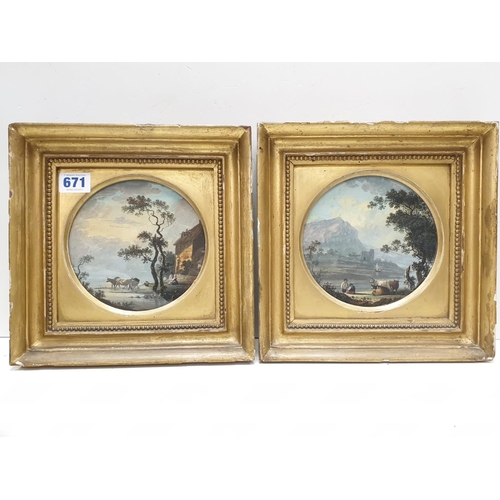 671 - Pair of 25cm square oil on board paintings in fancy gilt frames.