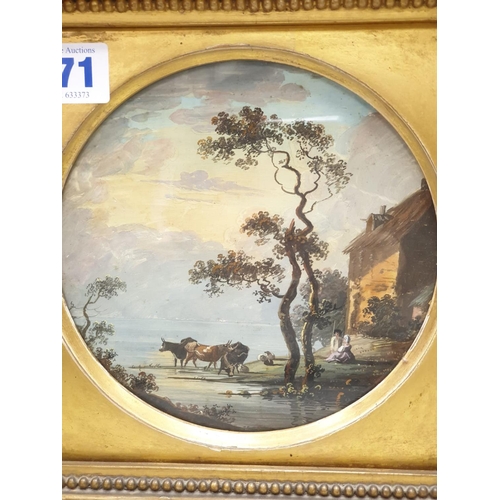 671 - Pair of 25cm square oil on board paintings in fancy gilt frames.