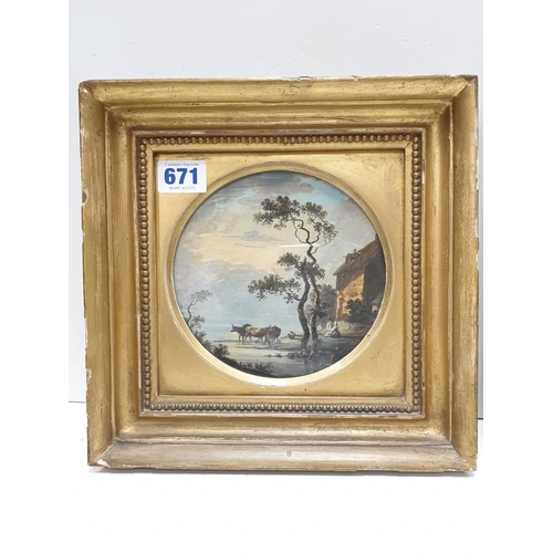 671 - Pair of 25cm square oil on board paintings in fancy gilt frames.