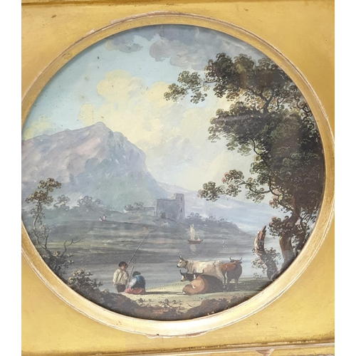 671 - Pair of 25cm square oil on board paintings in fancy gilt frames.