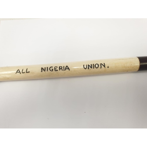 86 - Antique 19th century ivory walking stick, 92cm long inscribed with the words 'All Nigeria Union' and... 